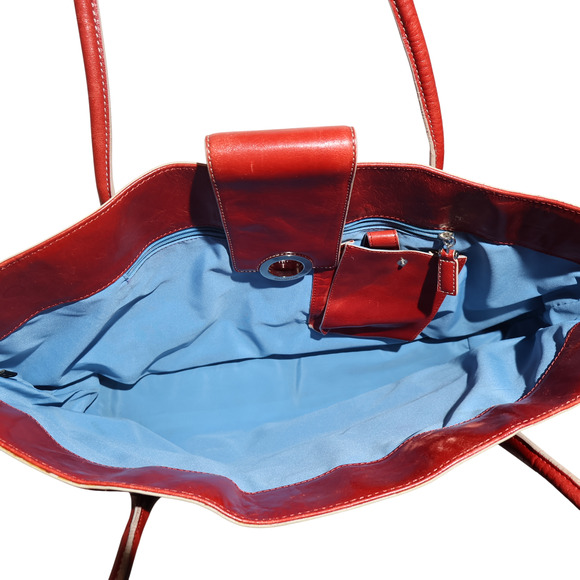 COLE HAAN Deep Red Leather Tote Bag XL Blue Lining Carry All Statement Feminine - Picture 6 of 14